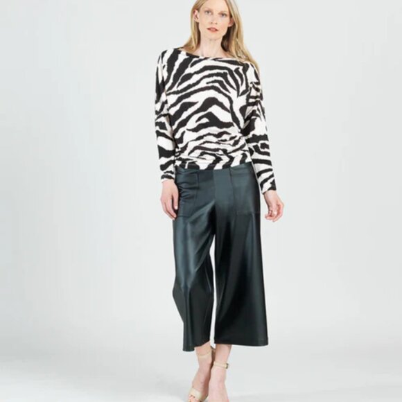 CLARA SUN WOO Black and Cream  Boat Neck Side Ruched Sweater Top - Zebra, medium - Picture 1 of 9